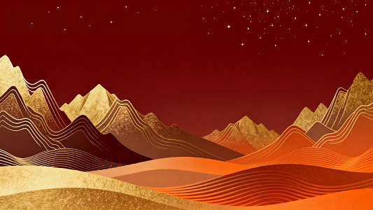 国风山水夜景金色线条插画设计素材