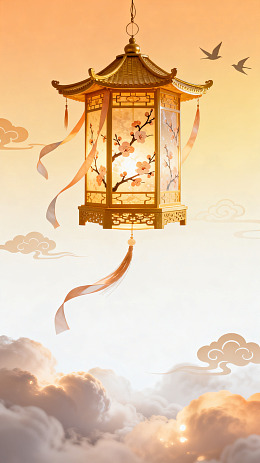 国风古韵灯笼梅花云霞插画素材