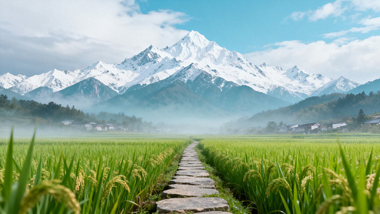 写实风雪山稻田石径风景设计素材