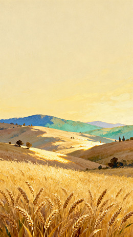 油画风金色麦田山丘风景设计素材
