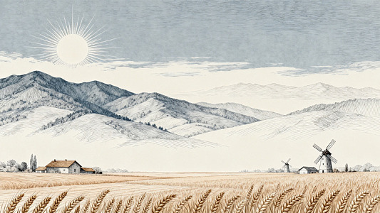 素描风田园风光麦田手绘设计素材