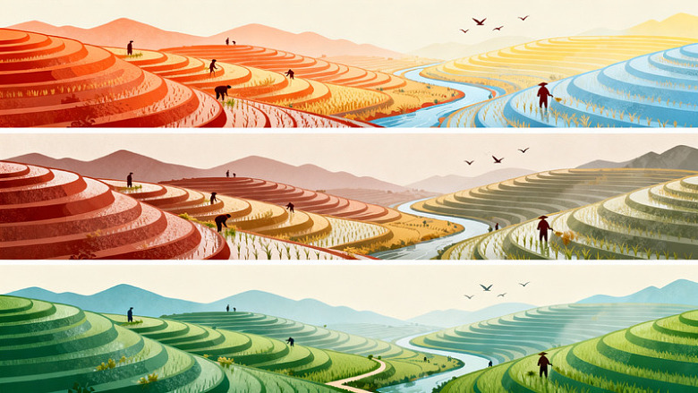 插画风梯田四季农耕场景设计素材