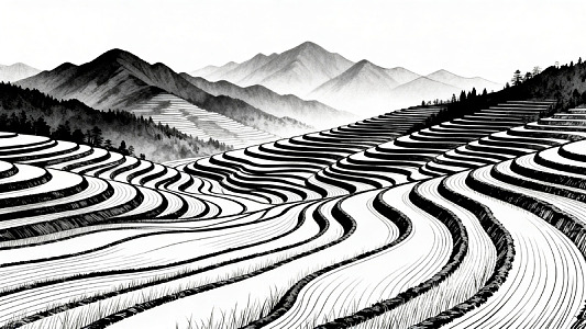 黑白线条梯田山景插画素材