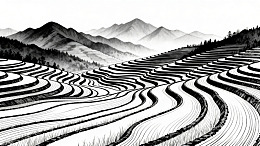 黑白线条梯田山景插画素材