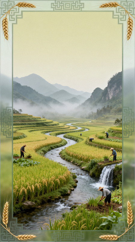国风山水田园农耕插画素材