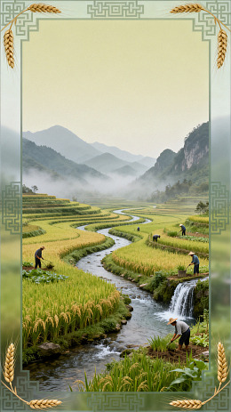 国风山水田园农耕插画素材