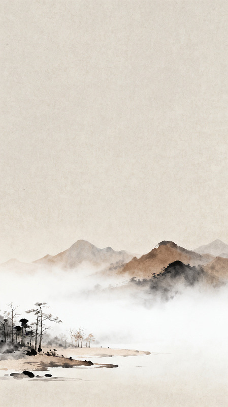 水墨风山水雾景手绘设计素材
