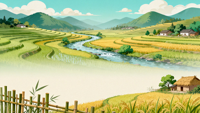 插画风田园梯田溪流风景设计素材
