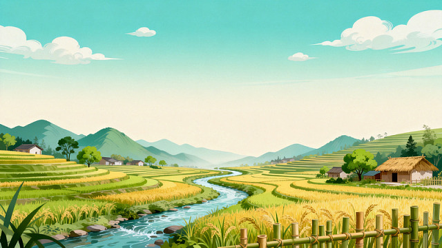 卡通风田园风光梯田河流设计素材
