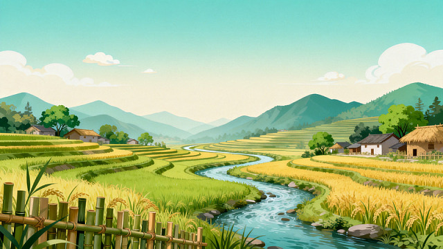 卡通风田园梯田溪流风景设计素材