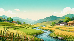 卡通风田园梯田溪流风景设计素材