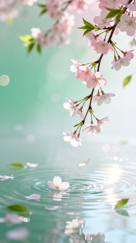 唯美风樱花飘落水面素材