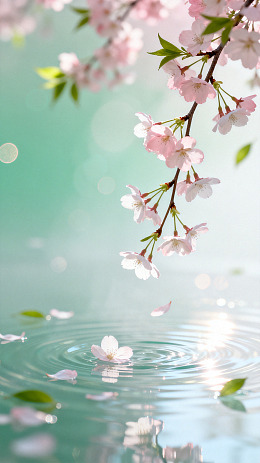 唯美风樱花飘落水面素材
