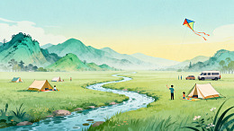 插画风露营野餐风筝手绘风景设计素材