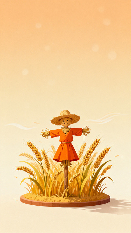 卡通风稻草人麦田插画设计素材