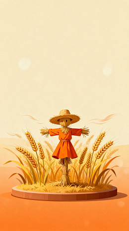 插画风稻草人麦田场景设计素材