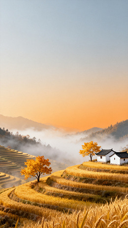 国风水墨风梯田秋景插画素材