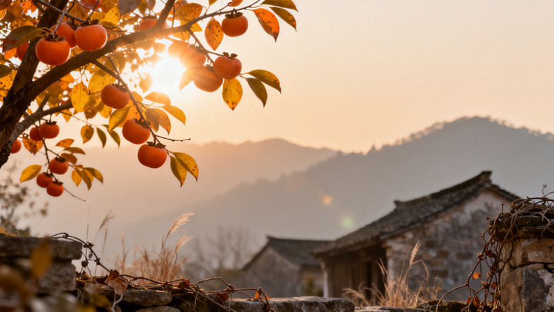 风秋日柿子古村风景素材