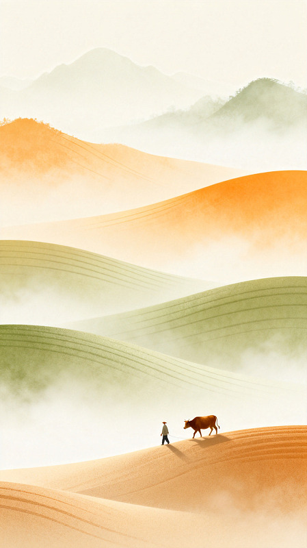 国风山水田园牧牛插画设计素材