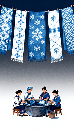 插画风蓝染工艺手绘民族女性设计素材