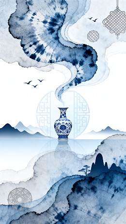 水墨风青花瓷山水意境设计素材