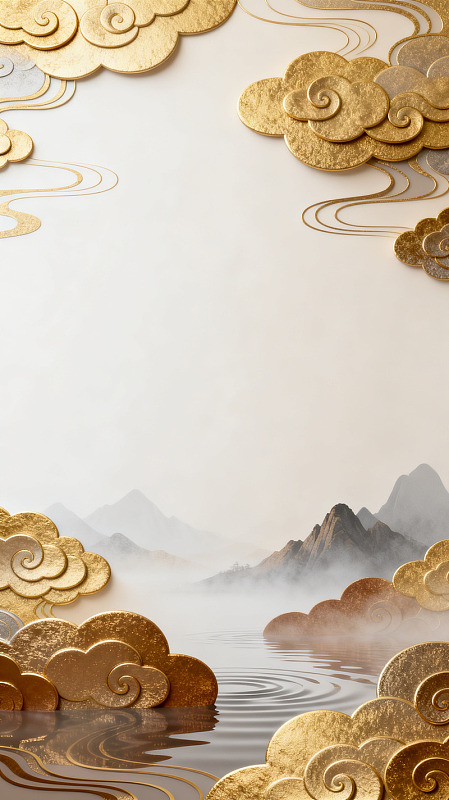 国风金色祥云山水背景设计素材