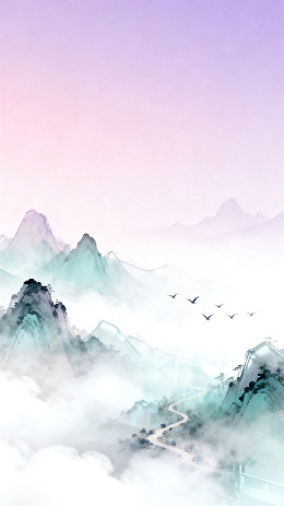 水墨风山水云雾飞鸟插画设计素材