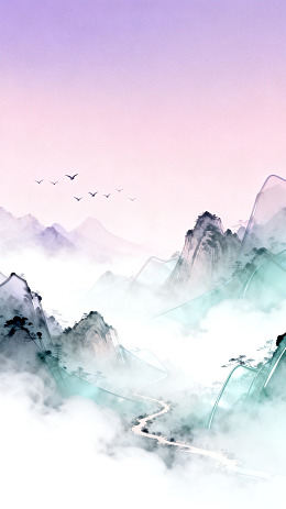 水墨风山水云雾飞鸟插画设计素材