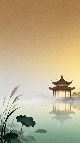 水墨风江南亭台湖景插画素材
