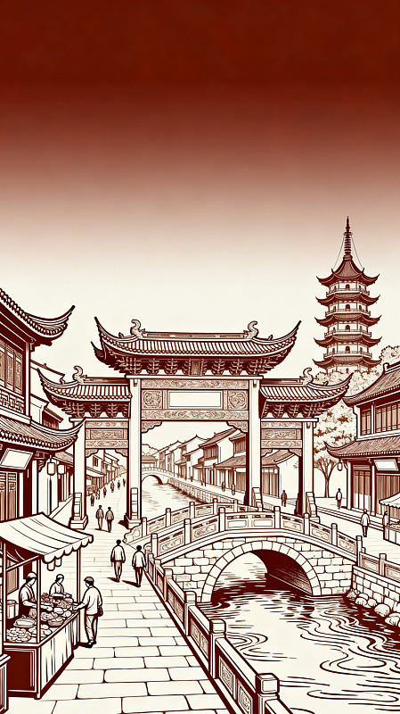 线描风江南水乡古镇设计素材