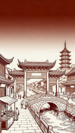 线描风江南水乡古镇设计素材