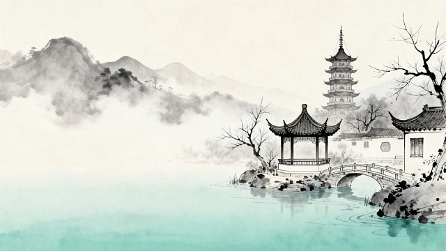 水墨风江南山水亭台建筑设计素材