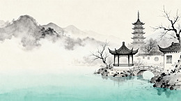 水墨风江南山水亭台建筑设计素材