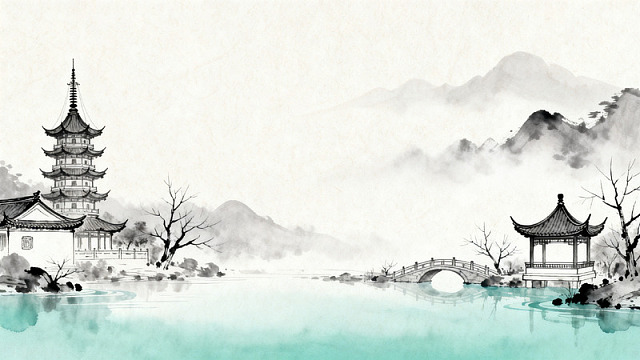 水墨风江南山水亭台建筑设计素材