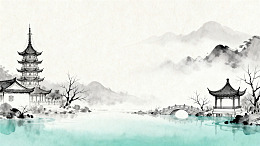 水墨风江南山水亭台建筑设计素材