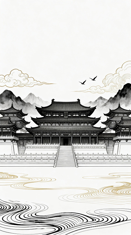 国风线描古建筑宫殿设计素材