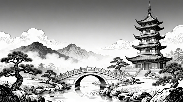 黑白线条风古塔拱桥山水画设计素材