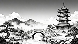 黑白线条风古塔拱桥山水画设计素材