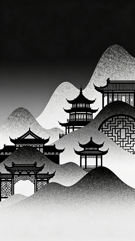 水墨风古典建筑山水剪影设计素材