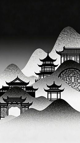 水墨风古典建筑山水剪影设计素材