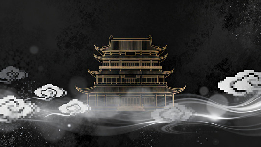 国风线稿古建筑云雾背景设计素材
