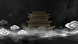 国风线稿古建筑云雾背景设计素材