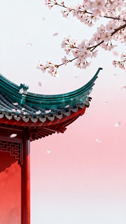 国风春日樱花古建筑设计素材