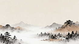 水墨风山水田园意境插画素材