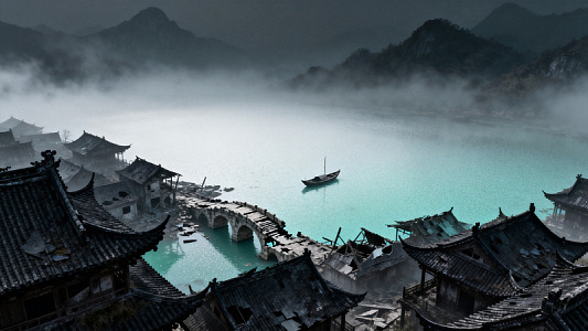 水墨风古村落湖景建筑设计素材