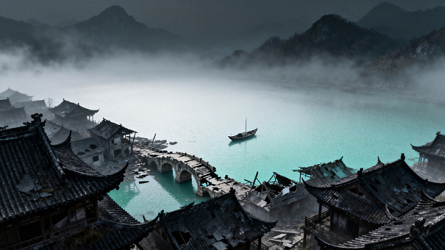 水墨风古村落湖景建筑设计素材