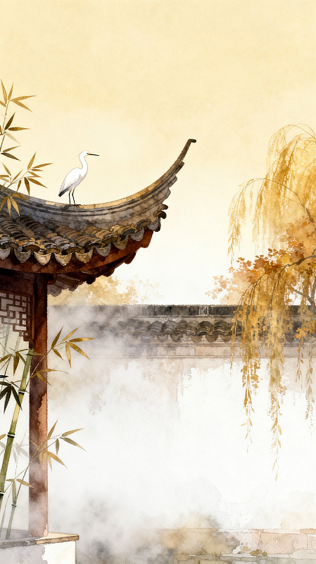 水墨风古建筑白鹭竹林设计素材