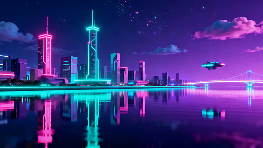 赛博朋克未来城市夜景插画素材