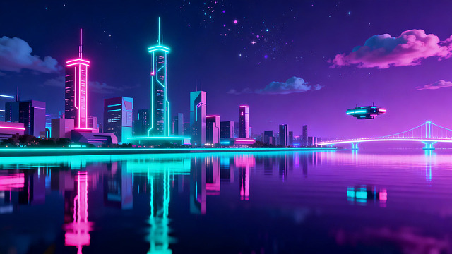 赛博朋克未来城市夜景插画素材