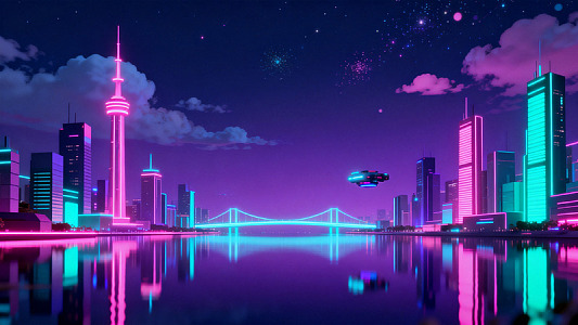赛博朋克风格未来城市夜景设计素材